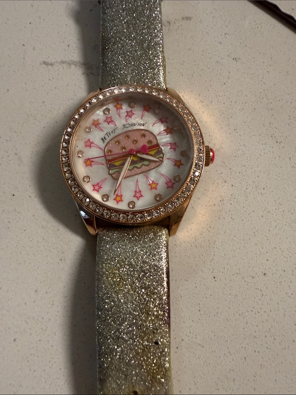 Betsey Johnson Silver Glitter Strap Pink Accents Burger Watch